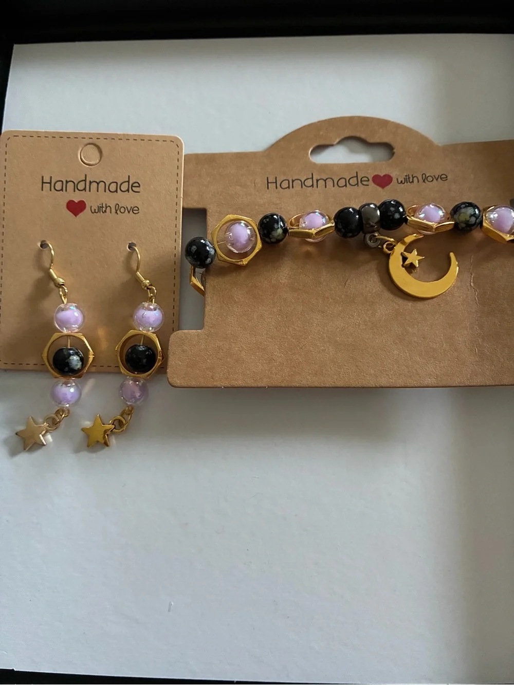 Handmade Gold-Tone Bracelet & Earrings Set with Lilac and Black